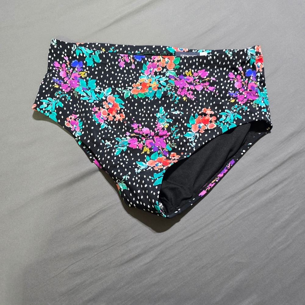 NWOT Swimsuits For All Bikini Bottoms Women 22 Black Floral Polka Dot High Waist
